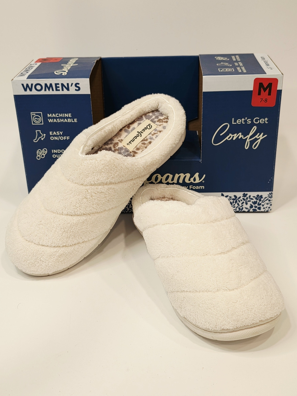 Dearfoams Women’s Leslie Quilted Terry Clog Slippers – Muslin White Size M 7–8